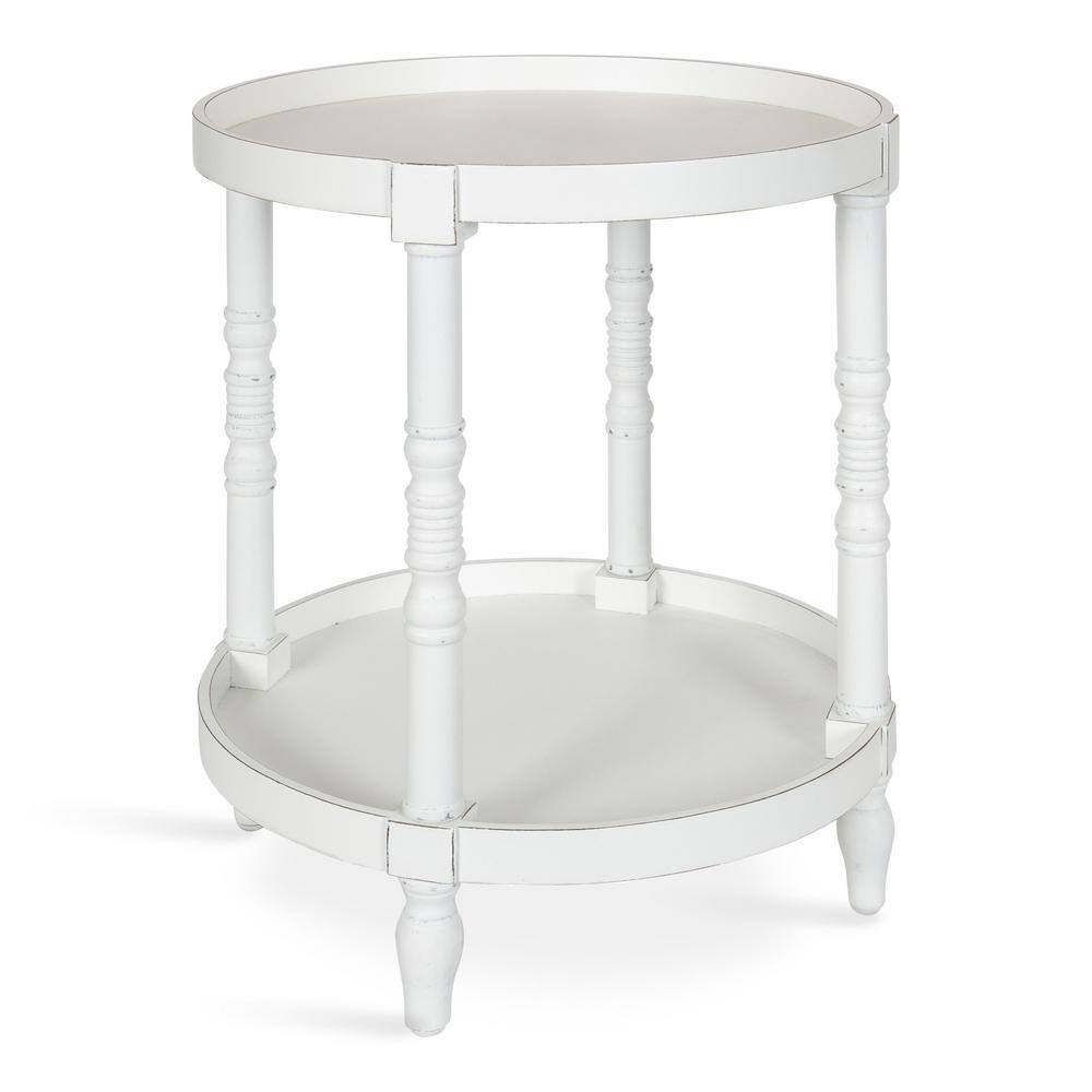 Bellport 22.5" Rustic White Round Wooden Side Table with Shelf