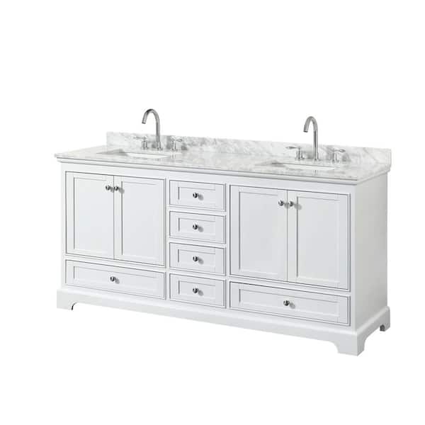 Wyndham Collection Deborah 72 in. W x 22 in. D Vanity in White with Marble Vanity Top in Carrara White with White Basins