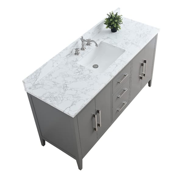 60 in. W x 22 in. D x 34 in. H Single Sink Bathroom Vanity Cabinet in Cashmere Gray with Engineered Marble Top in White