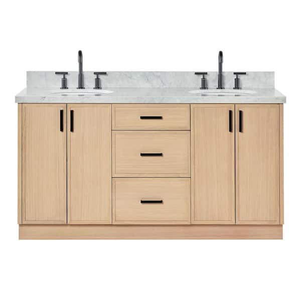 Kelly 66 in. W x 22 in. D x 36 in. H Double Bath Vanity in Oak with Italian Carrara Marble Top