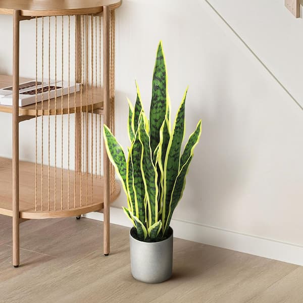 25 in. Green Yellow Sansevieria Artificial Snake Plant in Grey Pot