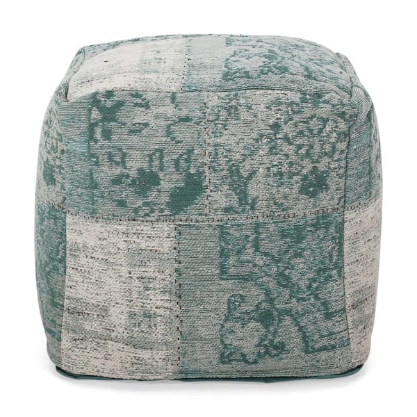 Noble House Colane Teal and Beige Fabric Cube Pouf