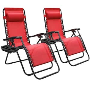 2-Piece Zero Gravity Folding Adjustable Outdoor Lounge Chair with Pillow, Red