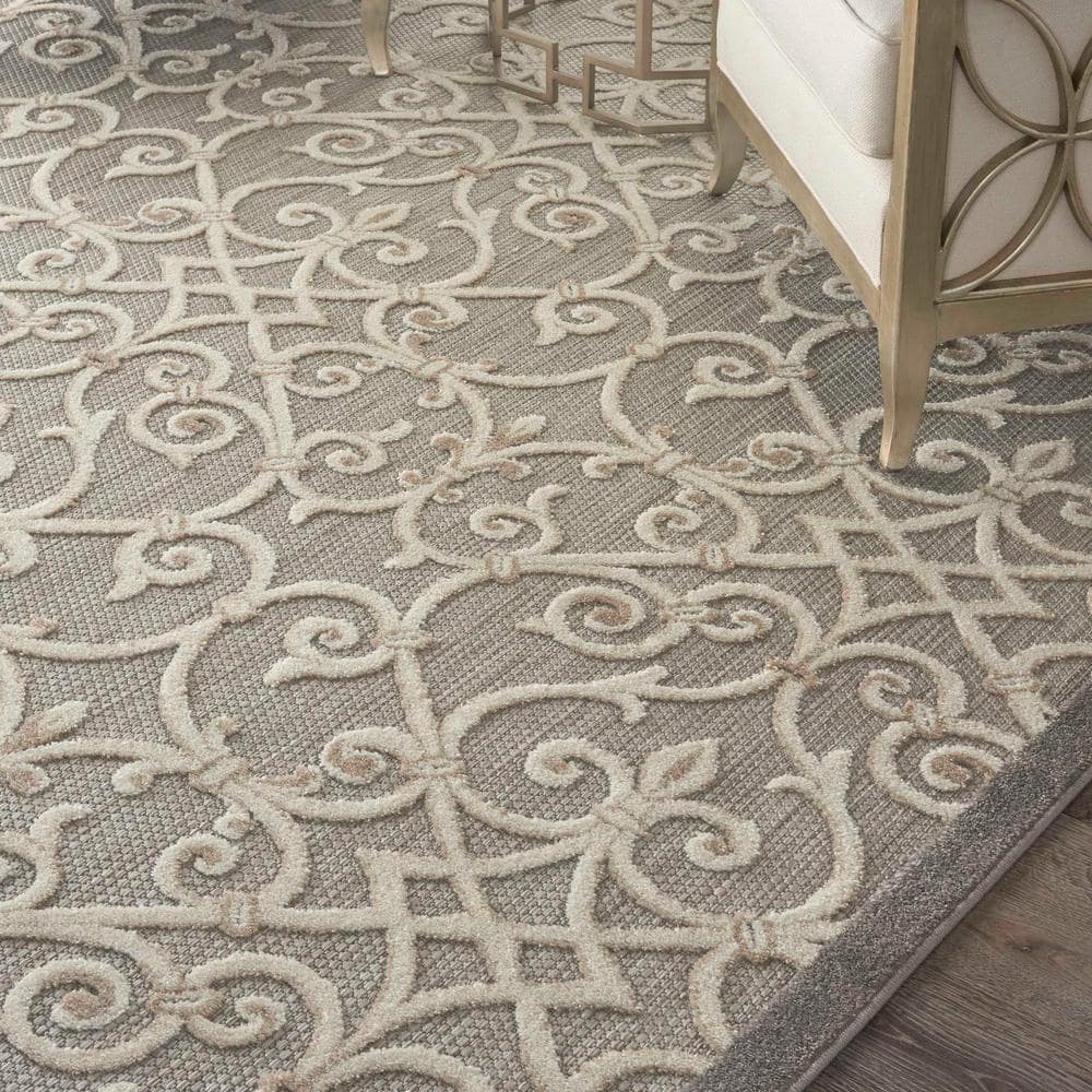 Natural Gray Flat Woven Floral Rectangular Area Rug