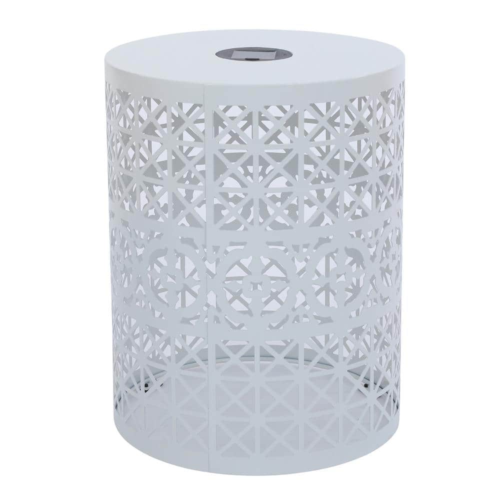 White Round Metal Outdoor Cranbrook Side Table Solar End Table with Built-i
