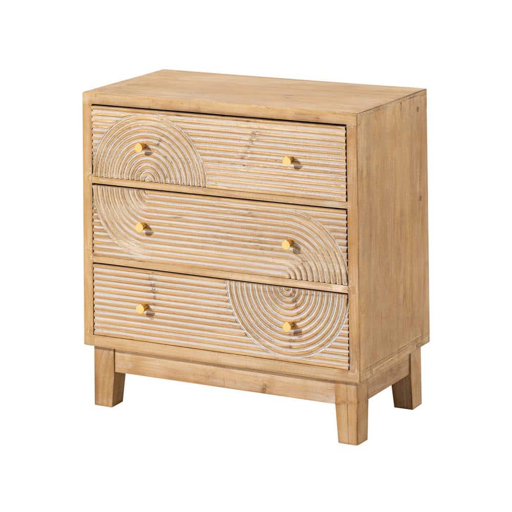 Natural Wood 3-Drawer Farmhouse Dresser with Handicraft Motif