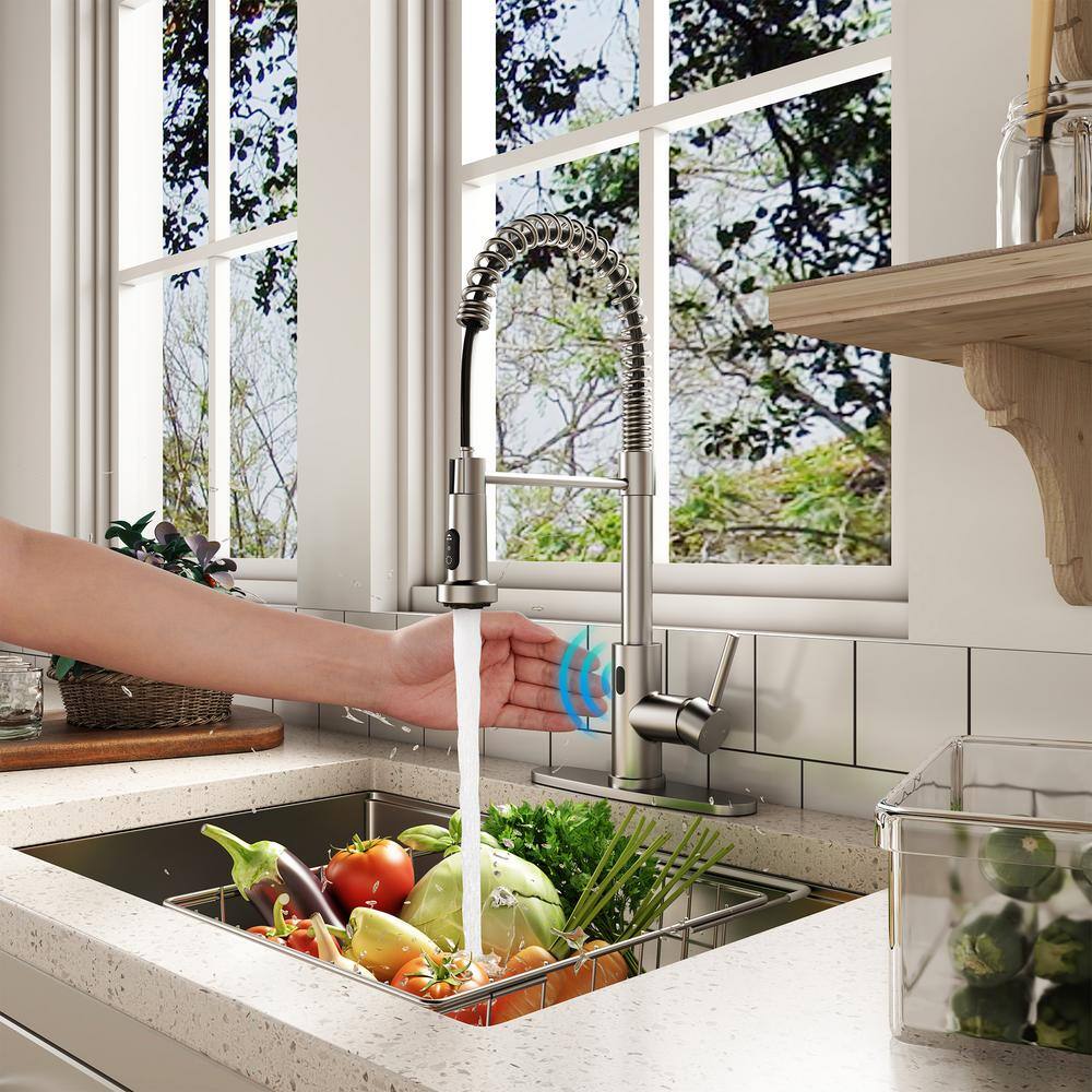 Brushed Nickel Touchless Pull-Down Kitchen Faucet with Spray