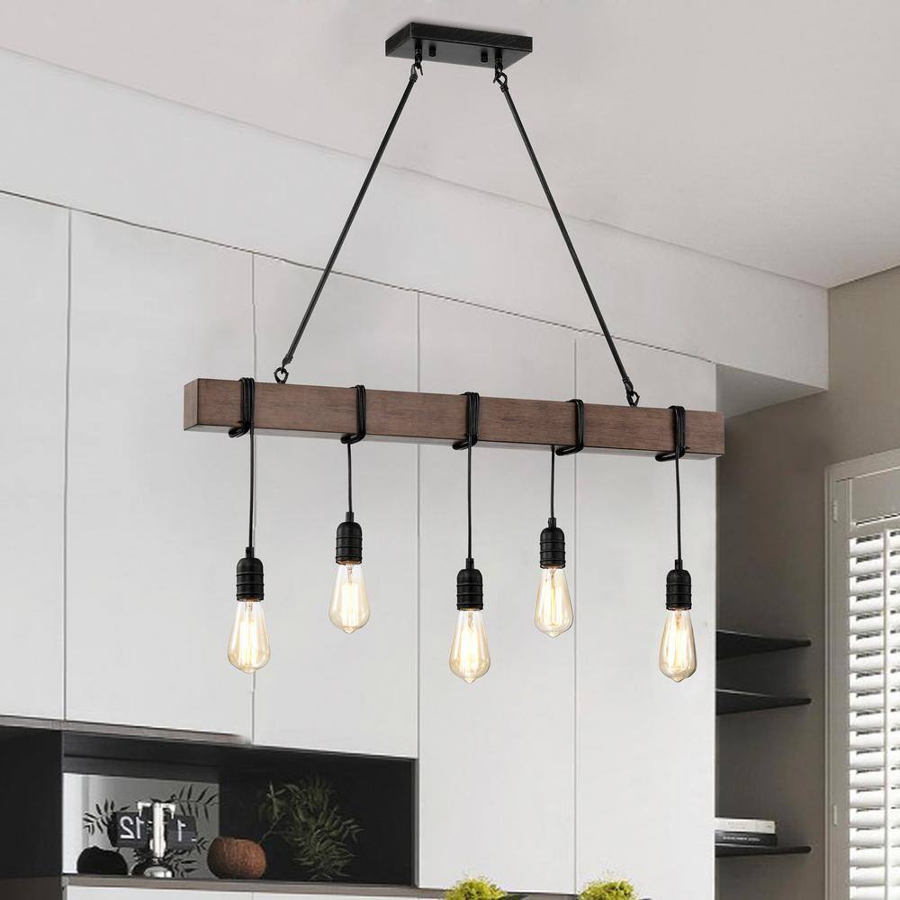 Antique Black and Natural Wood 5-Light Linear Chandelier