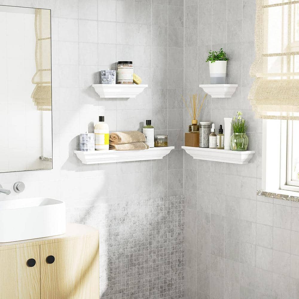 White Solid Wood Floating Wall Shelves Set of 4
