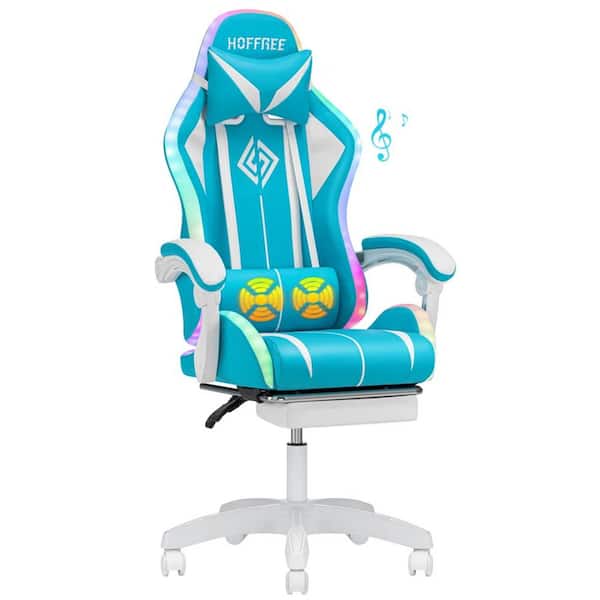 Hoffree White-Blue PVC Leather Massage LED Reclining Gaming Chair with Bluetooth Speaker with Footrest Headrest Lumbar Support
