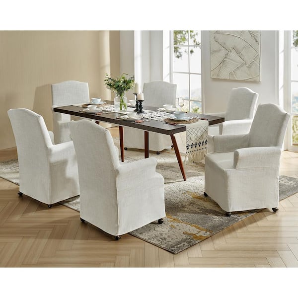 JAYDEN CREATION Adelina Ivory Traditional Roll Arm Dining Chair with Hooded Caster Wheels Set of 6