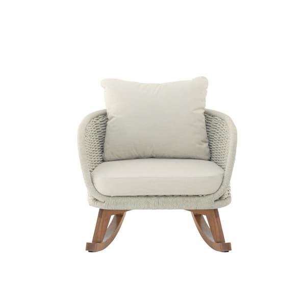 Beige Wicker Outdoor Rocking Chair with Beige Cushions and Natural Wood Frame