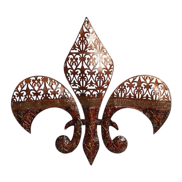 Litton Lane 25 in. x  23 in. Metal Brown Fleur De Lis Wall Decor with Perforated Details