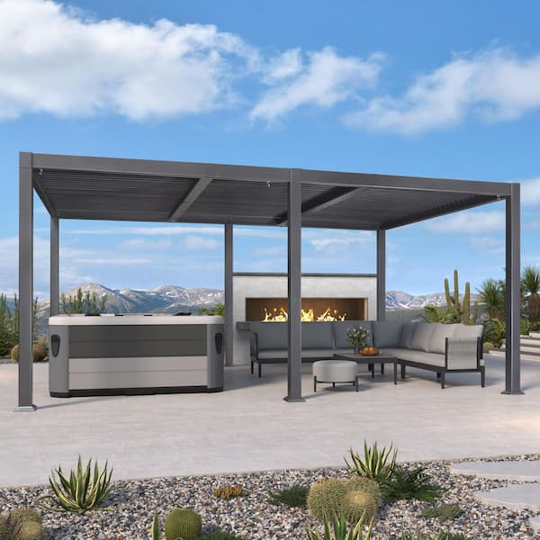 11.7 ft. x 18.2 ft. Gray Aluminum Outdoor Louvered Pergola with 3 Individual Adjustable Roofs and In-Built Gutter System
