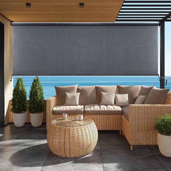Gray Cordless UV Blocking Weather-Resistant Fabric HDPE Exterior Roller Shade 96 in. W x 96 in. L