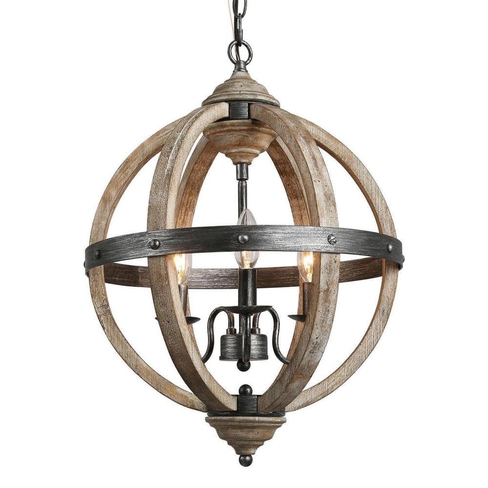 Distressed 3-Light Wood Globe Farmhouse Chandelier - Timeless Design for Li