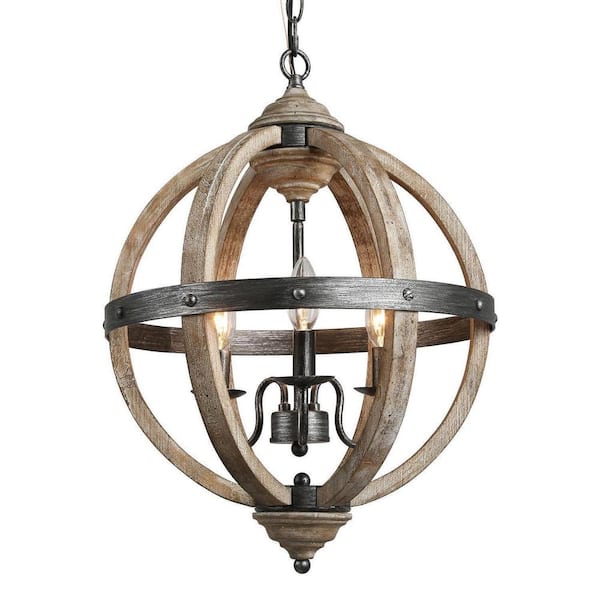 Unbranded Distressed 3-Light Wood Globe Farmhouse Chandelier - Timeless Design for Living, Dining, Kitchen, Bedroom