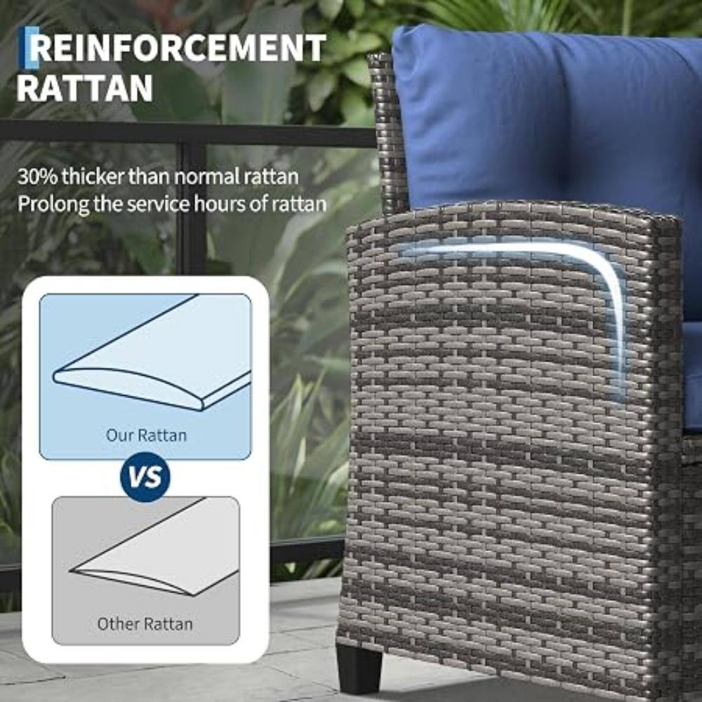 Close-up of the reinforced gray woven rattan material on a patio chair.