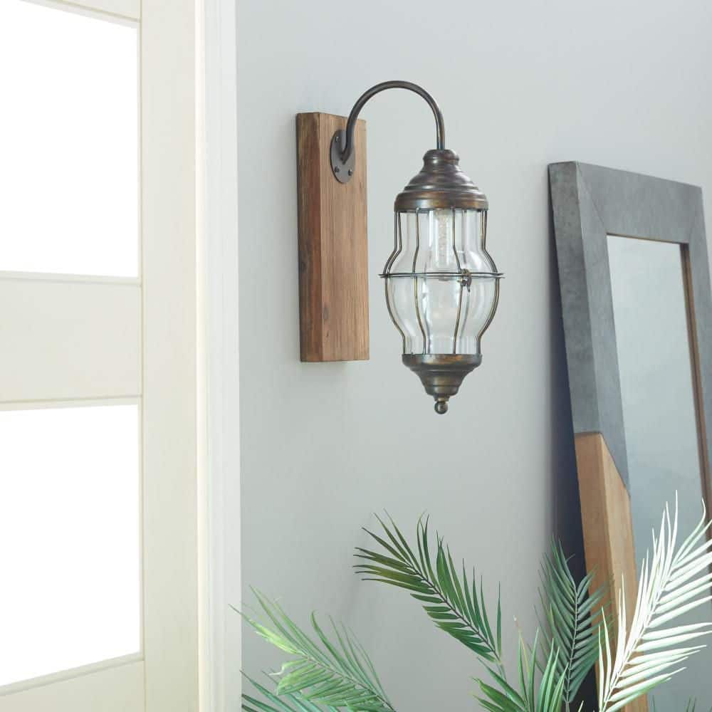 17" Black Iron and Wood LED Wall Sconce