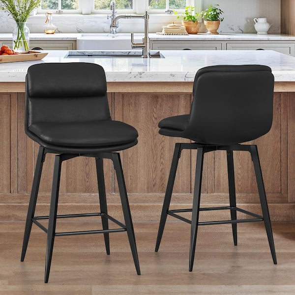 DAHLIA 26 in. Light Black Faux Leather Metal Frame Swivel Bar Stool with Double-Layer Cushion (Set of 2)