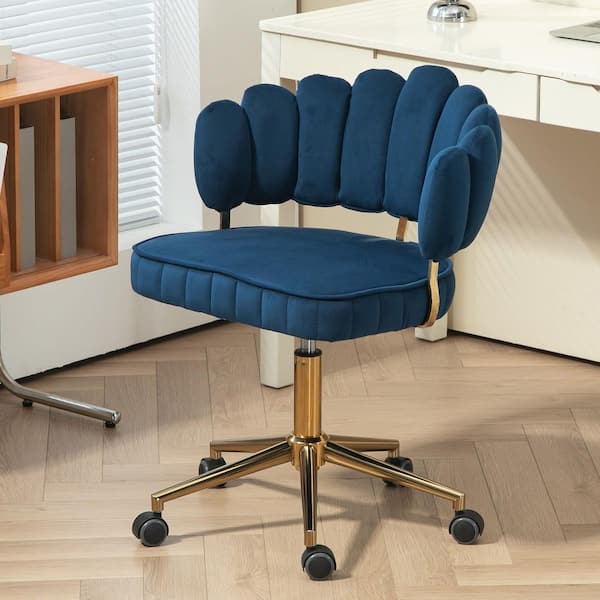 Modern Velvet Swivel Home Office Ergonomic Desk Chair in Navy Blue with Arms and Gold Base