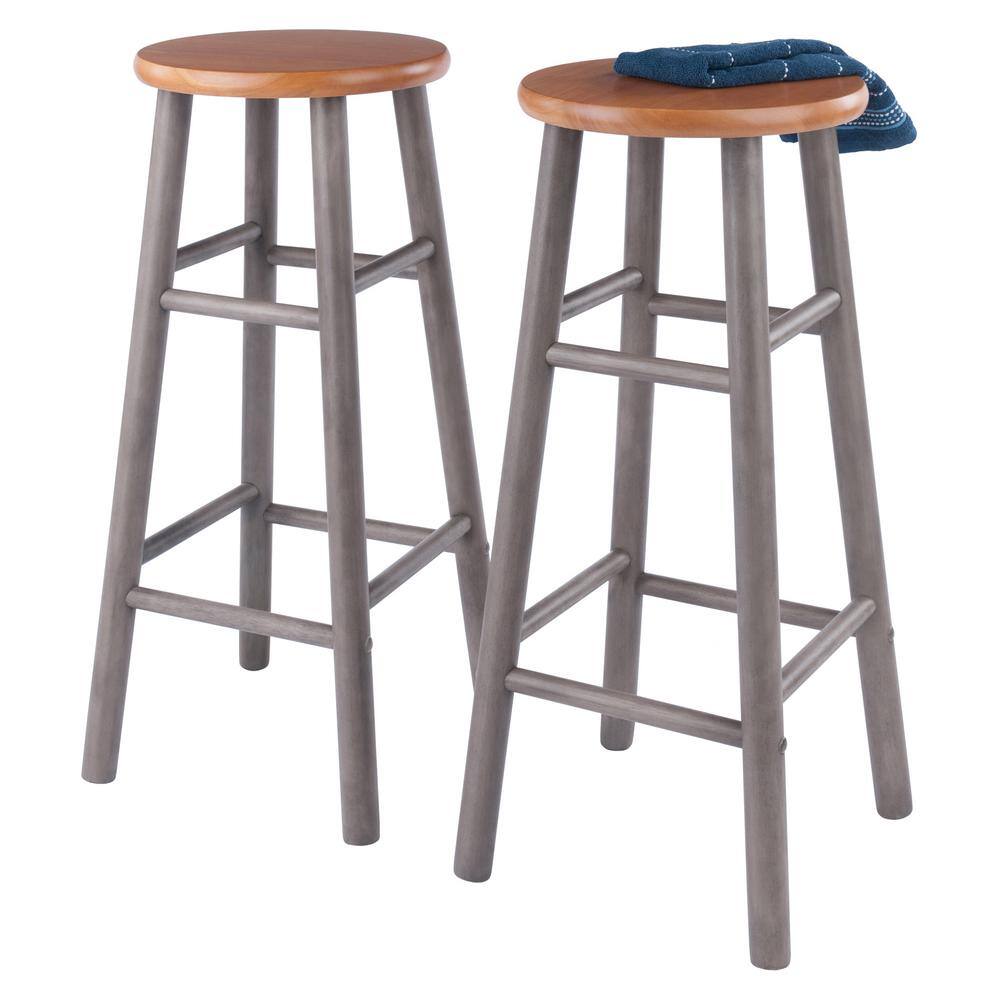 Transitional Gray and Teak Wood Backless Bar Stools, 29" Height
