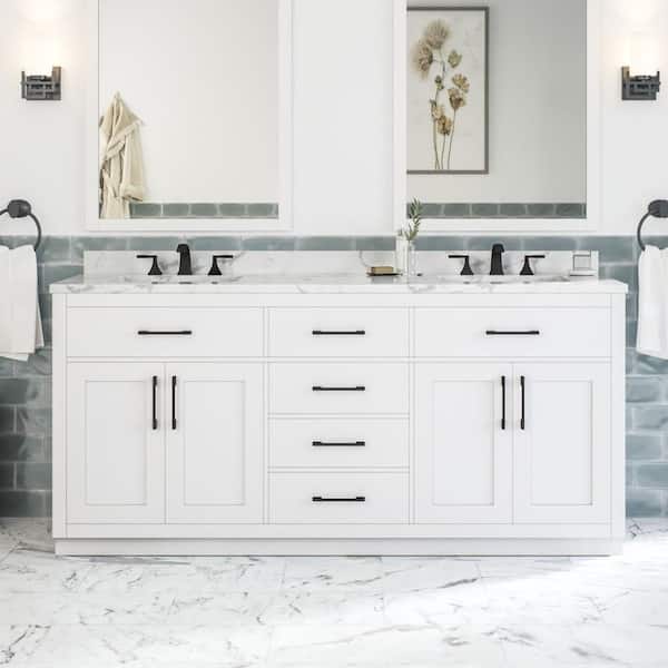 Athea 72 in. Freestanding White Bath Vanity with White Engineered Marble Top, Power Bar and Matte Black Hardware