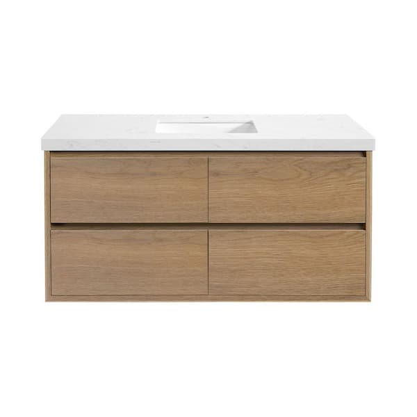 Solenne 48 in. Single Sink Floating Bath Vanity in Natural Oak with White Carrara Engineered Stone Top