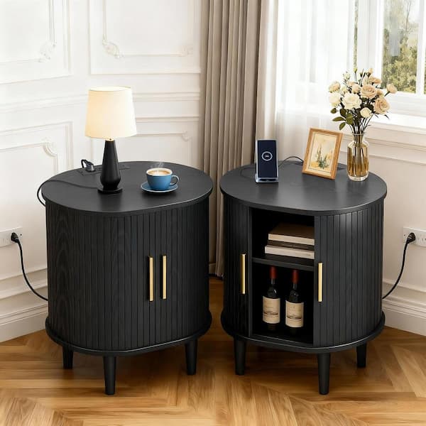 19.7 in. L x 15.8 in. W x 23.6 in. H Black Nightstand, End Table with 2-Adjustable Shelf and Sliding Door (Set of 2)