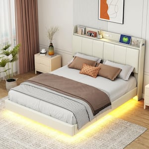 Beige Wood Frame Queen Size Upholstered Floating Platform Bed with Storage Headboard, Touch Sensor Light and USB Charger