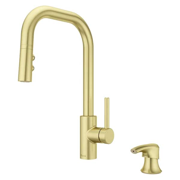 Pfister Zanna Single Handle Pull Down Sprayer Kitchen Faucet with Deckplate and Soap Dispenser in Brushed Gold