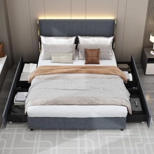 Gray Wood Frame Queen Size Bed Platform Bed Panel Bed With 4-Drawers, Color-Changing LED Lights, Bluetooth