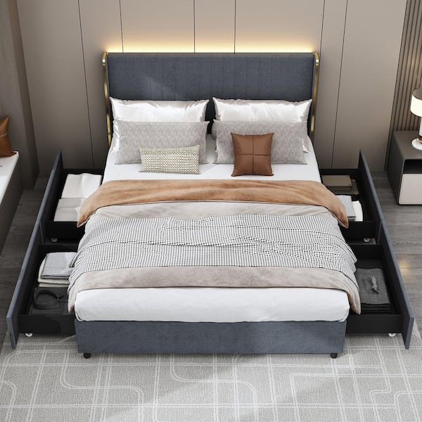 FUFU&GAGA Gray Wood Frame Queen Size Bed Platform Bed Panel Bed With 4-Drawers, Color-Changing LED Lights, Bluetooth