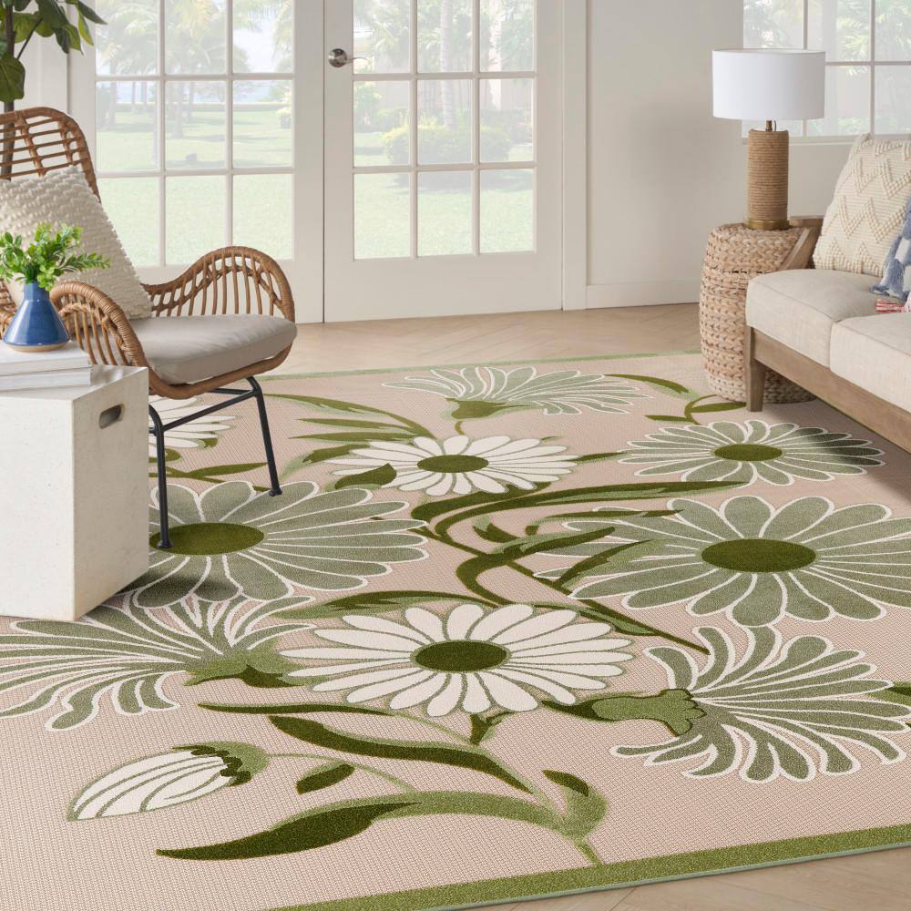 Ivory Green Floral Flatweave 9' x 12' Outdoor Rug
