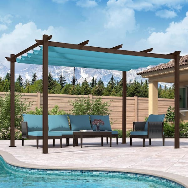 PURPLE LEAF 10 ft. W x 13 ft. D Outdoor Bronze Aluminum Pergola with Blue Adjustable UV Resistant Sun Shelter Canopy for Garden