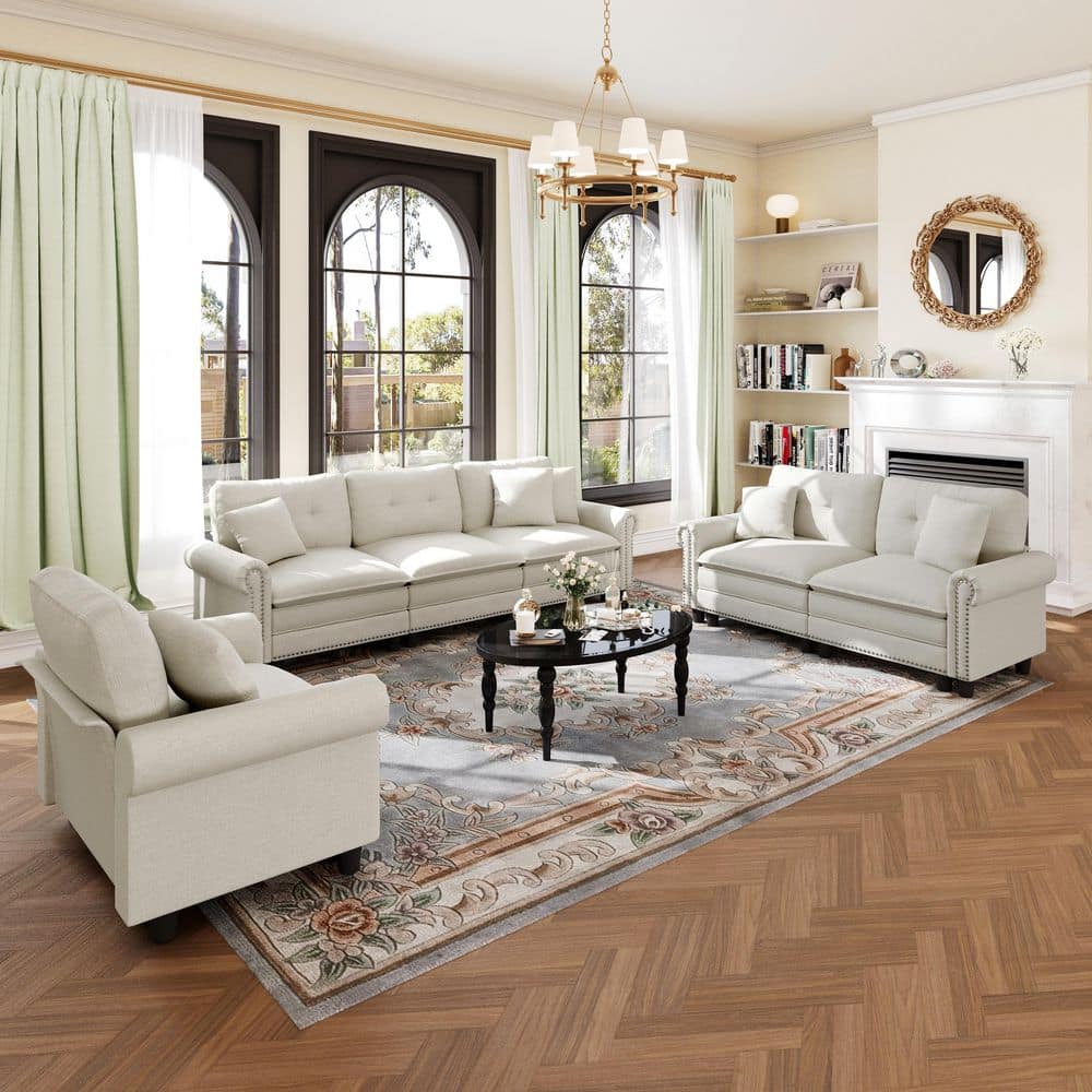 113.8 in. Roll Arm 6-Seat Linen-like Fabric Modular Sectional Sofa in Beige with Throw Pillows