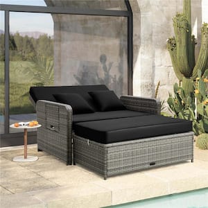 2-Piece Wicker Outdoor Day Bed Set Loveseat Sofa with Ottoman and Retractable Side Tray and Black Cushions