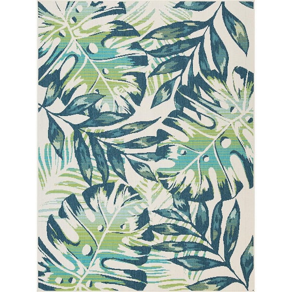 NATCO HOME Backyard Bungalow Ivory/Navy 7 ft. 7 in. x 10 ft. Aqua Palms Polypropylene Indoor/Outdoor Area Rug