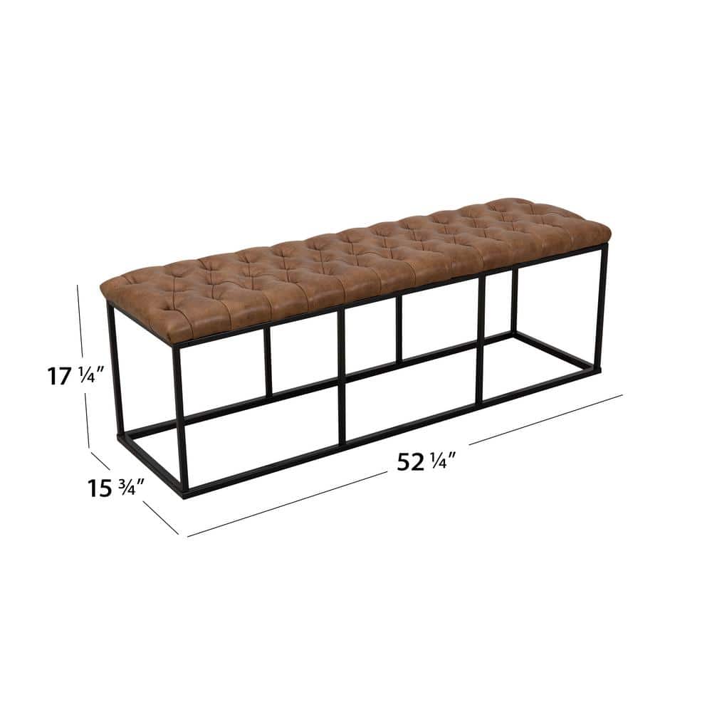 Draper 53'' Faux Brown Leather Tufted Bench with Metal Base