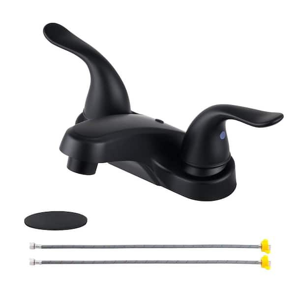 Lukvuzo Quality 4 in. Centerset Double Handle Low Arc Bathroom Faucet with Pop-up Drain Kit Included in Matte Black