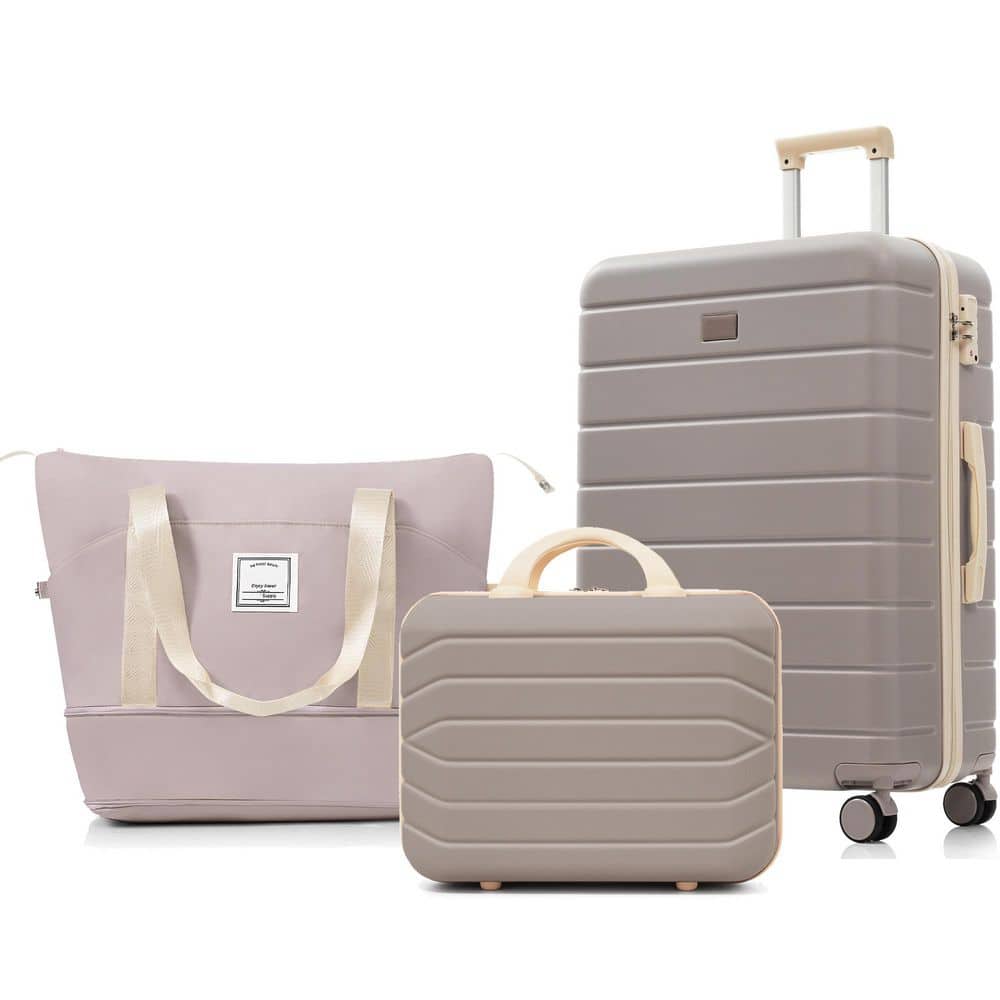 3-Piece Brown ABS Hardshell Double Spinner 14"20" Luggage Set with Expandable Travel Duffel Bag, Hooks, TSA Lock