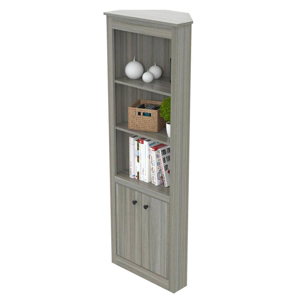 Smoke Oak 76'' Corner Bookshelf with Concealed Storage