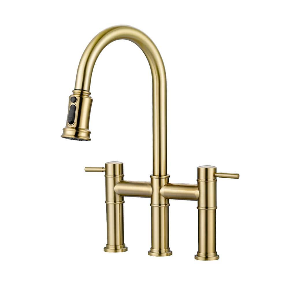 Gold Double Handle Bridge Kitchen Faucet with Pull Down Sprayer