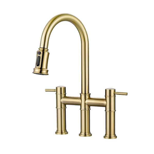 IVIGA 3 Holes Double Handle Bridge Kitchen Faucet with Pull Down Sprayer and Supply Lines in Gold