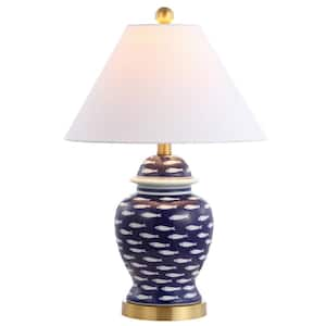 School of Fish 22 in. Navy Ginger Jar Ceramic/Metal LED Table Lamp, Blue/White