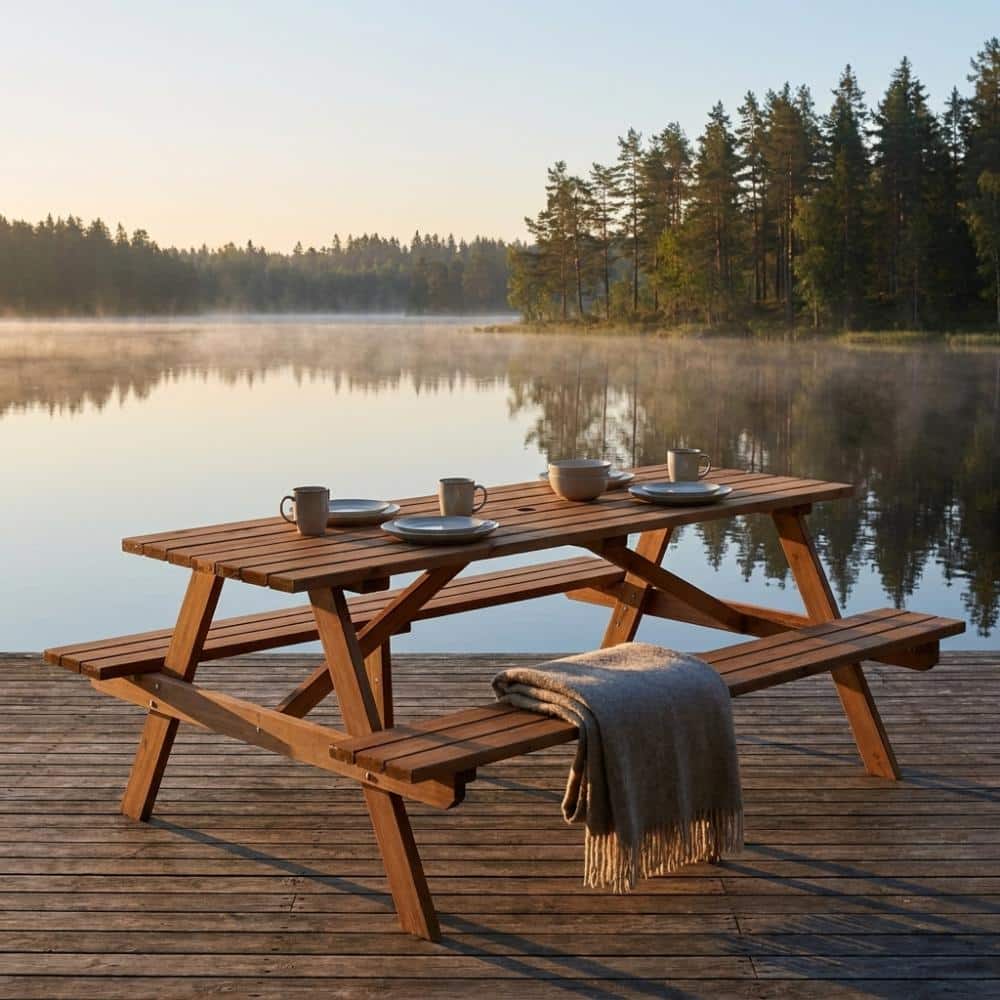 8 Person Wooden Picnic Table with 2 Built-in Benches and Umbrella Hole, Outdoor Patio Dining Table for Backyard, Garden