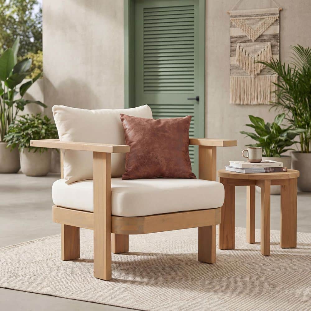 Edmund Light Teak Finish Solid Wood Patio Outdoor Lounge Chair with Plush Cream Cushions price history on PriceWatchPro
