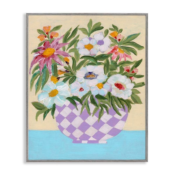Stupell Industries Checkered Flower Pot by Nikita Jariwala Gray Framed Nature Giclee Art Print 14 in. x 11 in.