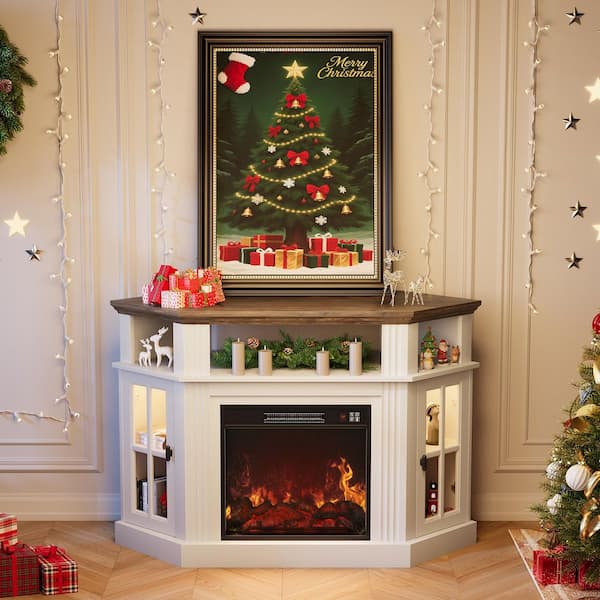 47 in. White Corner TV Stand with Fireplace and LED lights Fits TV's up to 55 in.