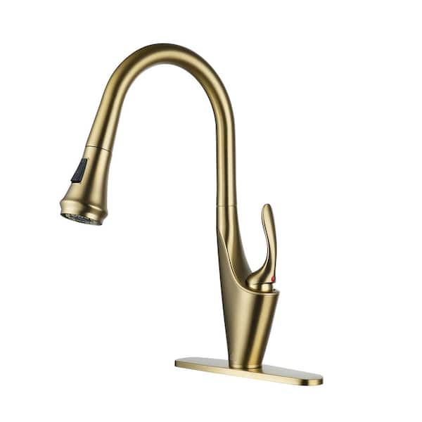 Flynama Single Handle Pull Out Sprayer Kitchen Faucet Deckplate Included in Brushed Gold